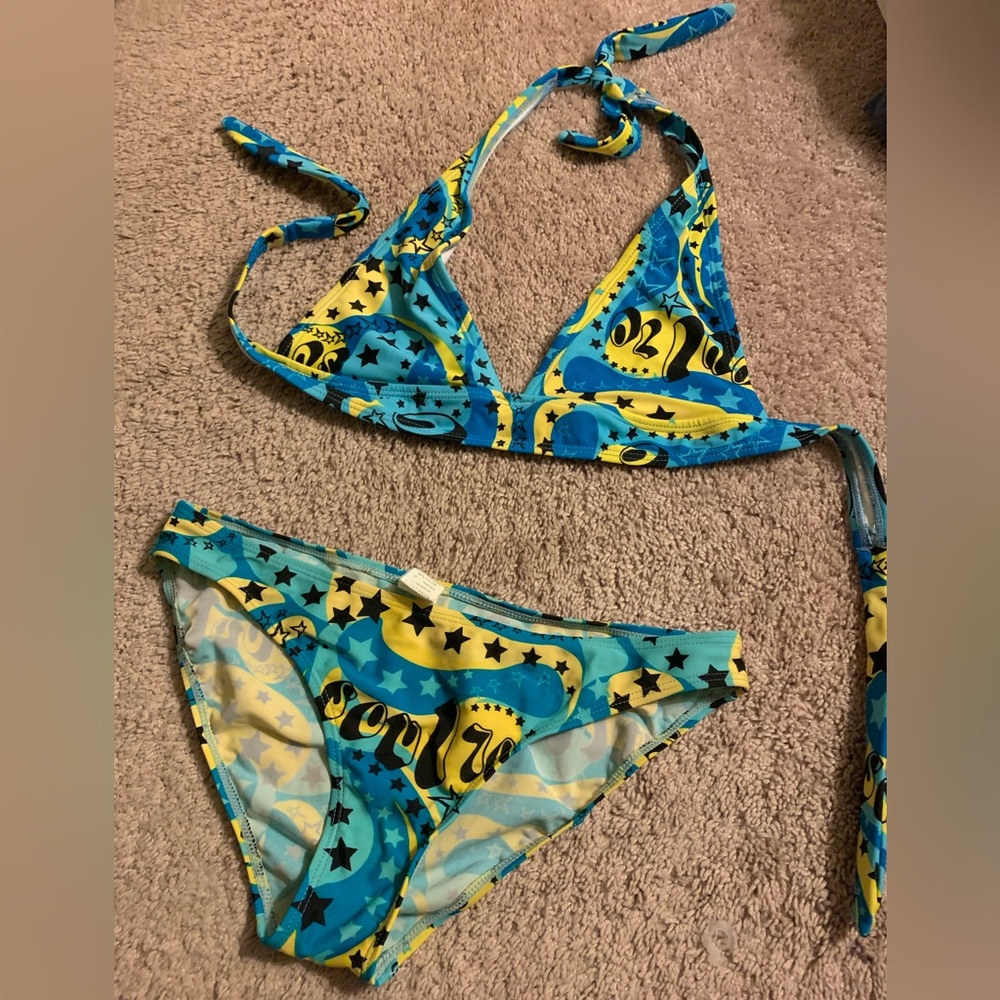 2000s era 70s style bikini with halter top and adjustable ties